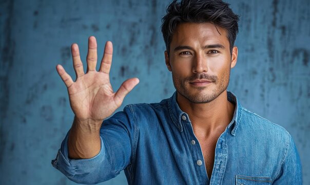 man in denim shirt with blurred face raises open hand toward camera in a stopping gesture against a textured blue background, guarded and assertive