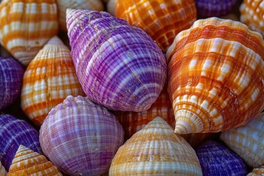 Close-up of colorful purple and orange striped seashells with glossy textured surfaces, vibrant and soothing coastal collection