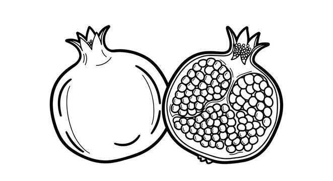 Pomegranate fruit sketch drawing isolated on white background with one whole and one half piece showing organic red seeds.