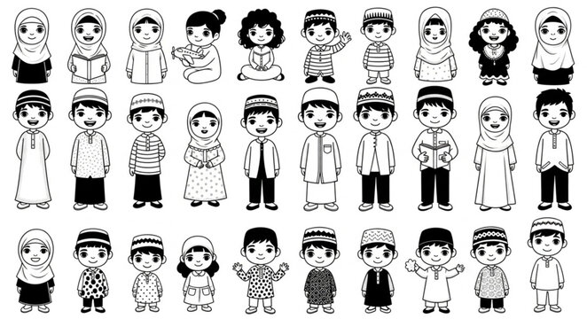 Islamic Children in Various Poses and Attires, Black and White Illustration.