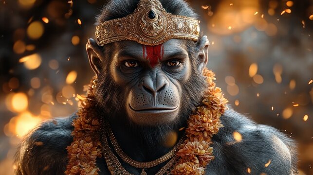regal monkey with ornate gold crown, heavy necklaces and marigold garlands amid glowing embers and bokeh, muscular dark-furred shoulders, face obscured by square, majestic solemn atmosphere