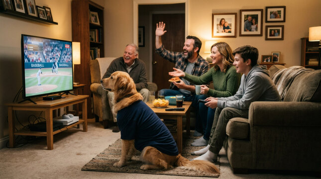 A group of friends and family watching a football game on TV with their dog