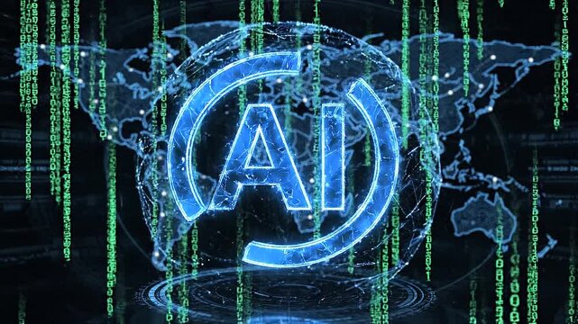 Animated ai text logo glowing in blue with futuristic digital design and global map background
