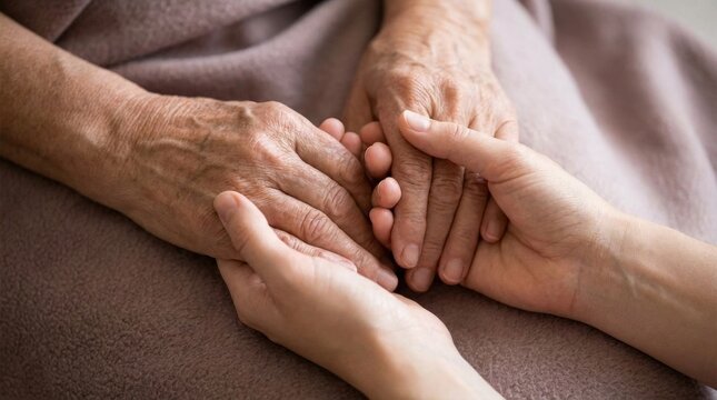 Young caregiver holding elderly patient hands showing compassion.