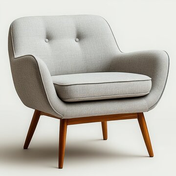 light gray upholstered mid-century modern armchair with tufted back, wooden tapered legs, cushioned seat and curved armrests, cozy inviting minimalist lounge chair