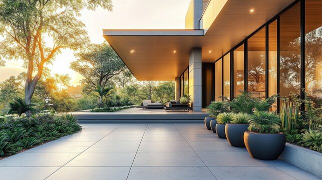 Modern glass house with spacious tiled terrace, potted plants and lounge seating under a wooden overhang at sunset, serene and inviting atmosphere