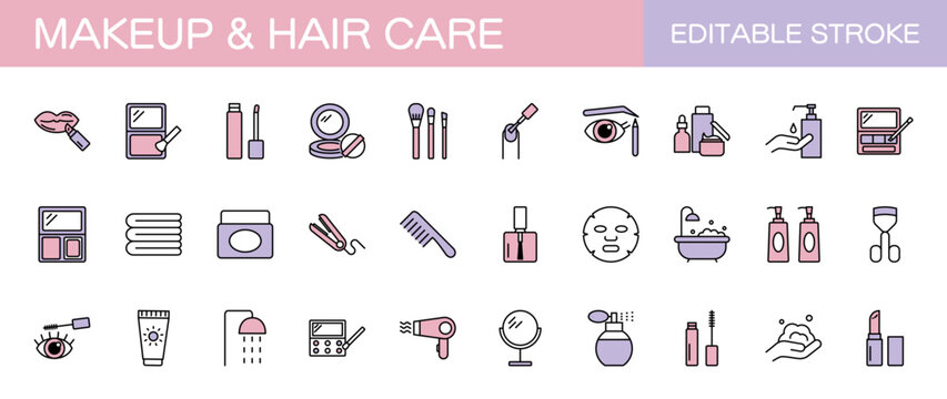 メイクアップとヘアケアのラインアイコンセット（線幅変更可能・カラー）