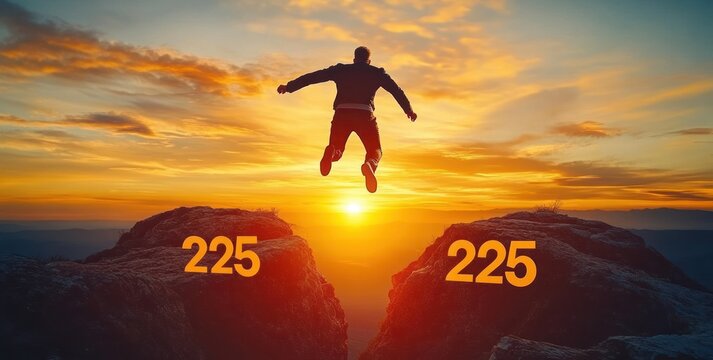 Silhouette of person leaping between two rocky cliffs at sunrise with glowing sun and numbers 225 on each ledge, evoking courage and hope