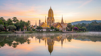 Fototapeta premium Thai temple reflection lake soft sunrise atmosphere