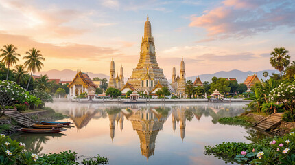 Fototapeta premium Wat Arun temple reflection lake morning Bangkok