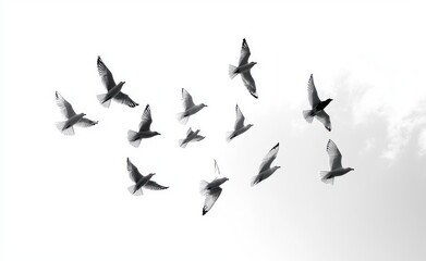 Obraz premium Minimalist monochrome scene of a flock of seagulls gliding across an expansive bright sky with a faint cloud, conveying freedom and serenity