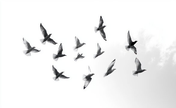 Minimalist monochrome scene of a flock of seagulls gliding across an expansive bright sky with a faint cloud, conveying freedom and serenity