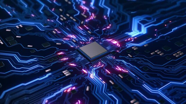 Neon Circuit Microchip Closeup circuit microchip traces suggesting high speed data flow connectivity. tech demos, electronics tutorials, AI visuals, hardware reviews, futuristic computing backgrounds.