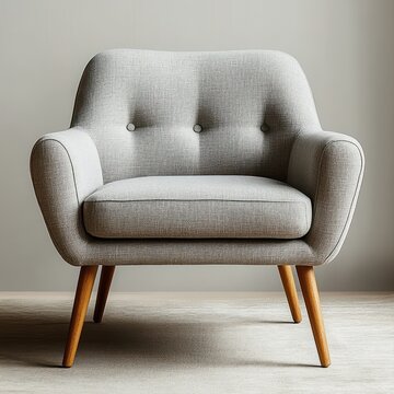 cozy light grey upholstered mid-century armchair with button tufting, curved arms and wooden tapered legs in a minimalist neutral room
