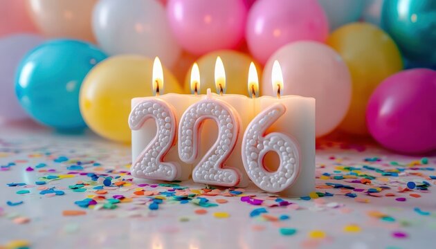 white number candles 2 2 6 burning on confetti-covered table with pastel balloons in soft bokeh, warm glowing flames and joyful festive mood