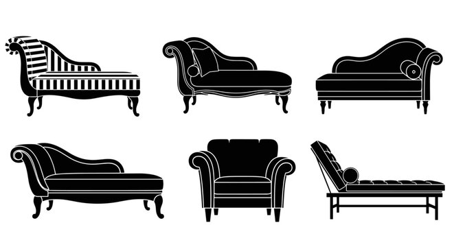 Set of silhouettes of elegant chaise lounge chair with various designs, comfortable antique long sofa for relaxation.