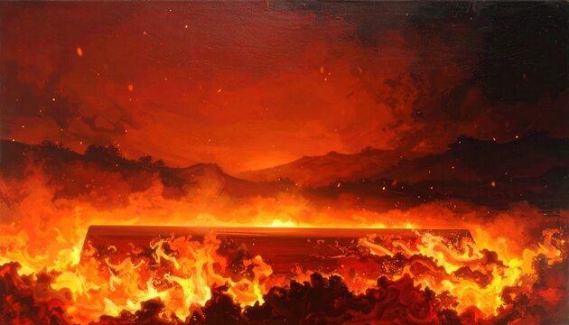 Un'immagine infernale di un sarcofago infuocato avvolto da fiamme ardenti e fumo denso sotto un cielo rosso apocalittico.