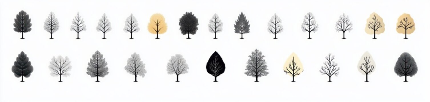 row of stylized tree silhouettes and leaf shapes in black, gray and soft yellow accents arranged in an orderly lineup, calm minimalist nature scene