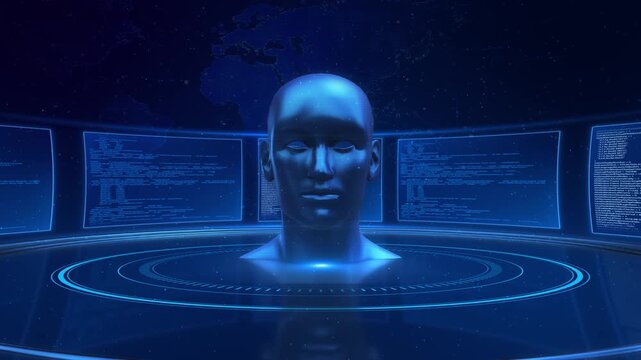 Futuristic AI digital brain code data numbers animation background. Futuristic Digital Human Wireframe With Glowing Core And Energy Field, Representing Ai, Consciousness, Data, And Metaverse Concepts