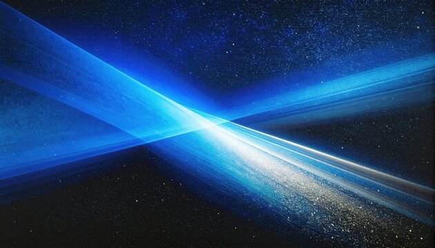 深い宇宙の星空を背景にして鮮やかな青い光のビームがダイナミックに交差する抽象的なグラフィック素材。高速データ通信やサイバー空間のエネルギー、最先端テクノロジーの進歩を視覚的に表現した近未来的なデジタルアート背景。