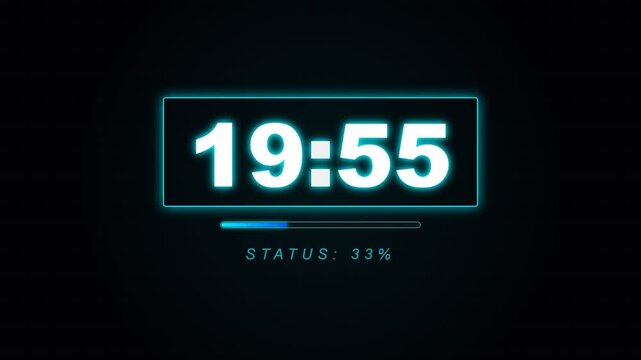 Digital clock displays 19 55 with futuristic interface and progress bar indicating 33 percent loading status against a dark background