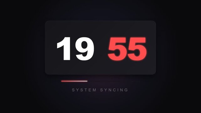 Digital Flip Clock Displays Time 1955 Against Dark Background with Subtle Lighting Effects System Syncing Text