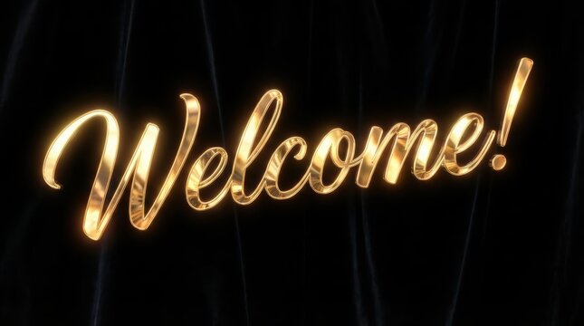 Elegant golden welcome text on a dark black velvet curtain background for a grand opening event.