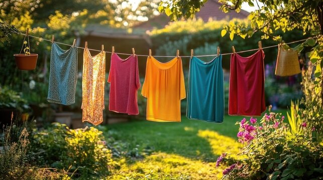 colorful shirts and garments hanging on a clothesline in a sunlit backyard garden with flowers and lush greenery, warm golden light evoking a peaceful cozy mood