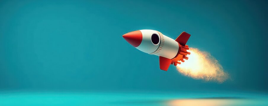 Playful retro rocket with red nose and fins, round porthole window and bright fiery exhaust flying mid-air against a teal gradient background, adventurous whimsical mood