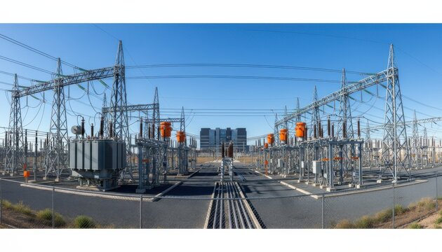 Electrical substation power grid infrastructure with steel towers and orange housings leading to a modern data center for energy sustainability and utility reporting