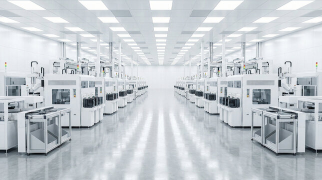 High-tech semiconductor factory interior showcasing automated production lines with advanced machinery in a pristine, well-lit environment