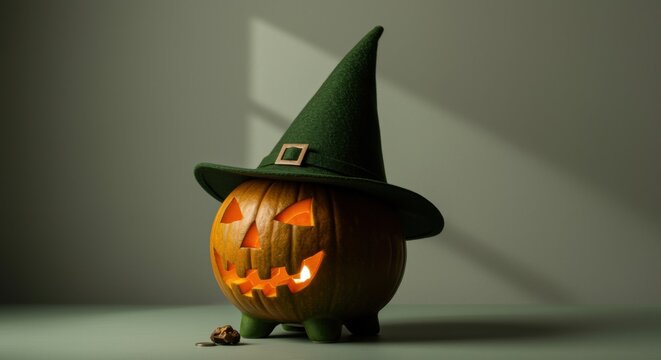 Glowing Jack o Lantern pumpkin piggy bank wearing a green witch hat for seasonal savings and holiday budget promotion in a minimalist studio setting with copy space