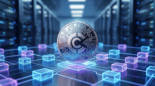 Digital Cryptocurrency Coin Above Blockchain Network Servers.
