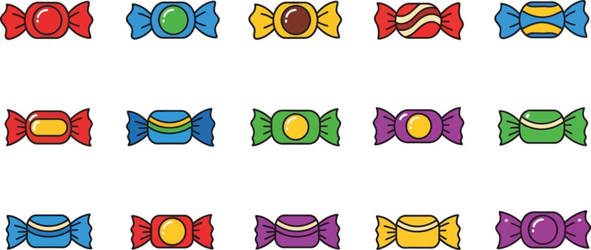 Assortment of colorful wrapped candies with rounded ends and bow ties candy sweet treat wrapper