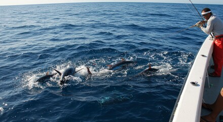 Obraz premium Man on boat watching dolphins.