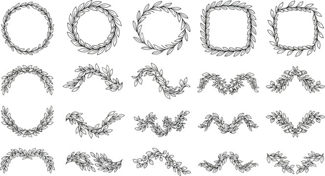Collection of black and white laurel leaf borders and wreaths leaves frame