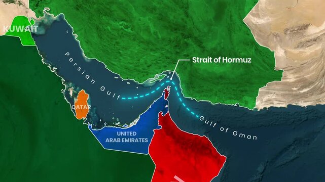 Strait of Hormuz Maritime Route Animation Between the Persian Gulf and the Gulf of Oman