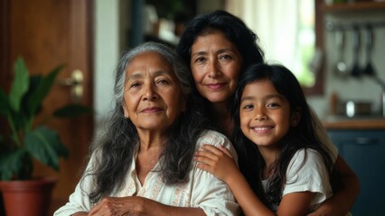 Fototapeta premium Warm embrace of three generations in a cozy kitchen