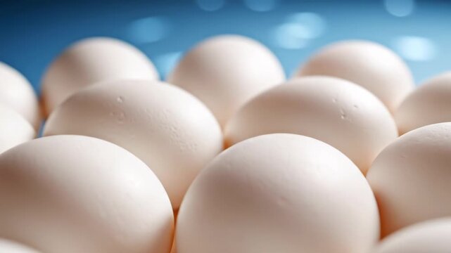 Close-up view of multiple fresh white chicken eggs tightly packed together in rows, showing smooth shell textures and soft lighting against a blurred blue background with bokeh highlights.