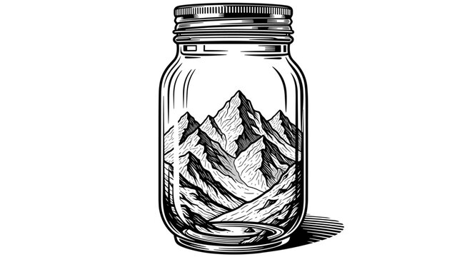 Vintage style engraving of mountain range landscape inside glass mason jar bottle representing adventure and preservation.