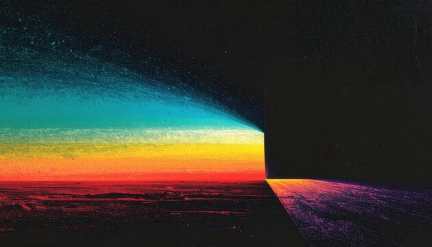 Un raggio di luce colorato attraversa un'apertura scura, proiettando uno spettro vibrante di colori e speranza in un ambiente misterioso e astratto.
