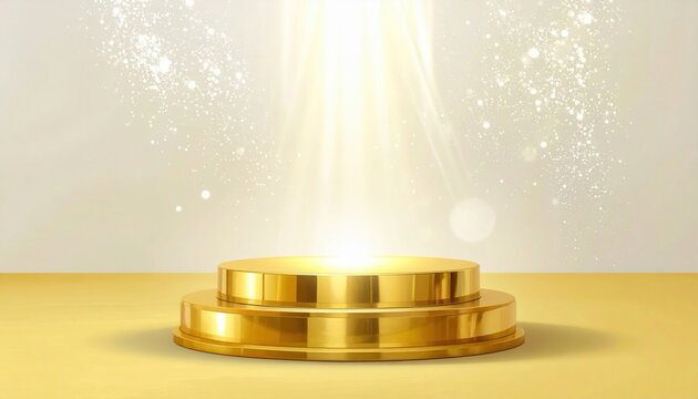 Un podio dorato a due livelli illuminato da un potente fascio di luce brillante e particelle scintillanti, ideale per celebrare successo e prestigio.