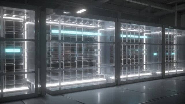 Futuristic Data Center Server Racks with Neon Lights.