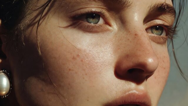 Soft light glows on freckled skin and green eyes