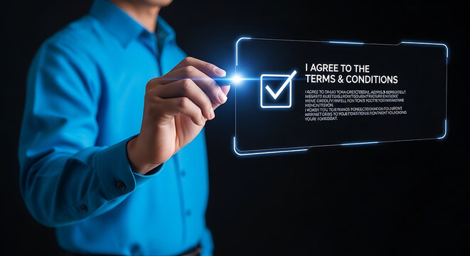 Digital contract agreement, hand pressing button on glowing screen with terms and conditions checkbox