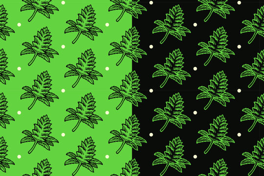 Cannabis bud with dot doodle seamless pattern on green black background set for merchandise. Hemp leaf and flower engraving pattern background. Marijuana weed nug hand drawn motif wallpaper