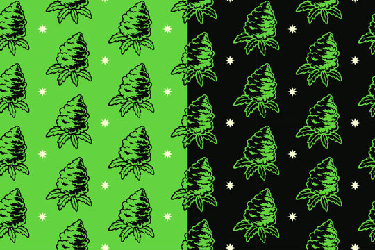 Marijuana cannabis flower with light doodle seamless pattern on green black background set for merchandise. Hemp bud engraving pattern background. Weed nug with star hand drawn motif wallpaper
