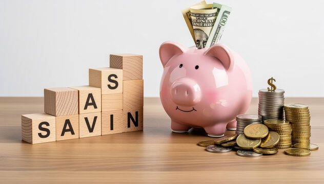 Piggy Bank of Savings: A delightful piggy bank overflowing with money sits alongside ascending wooden blocks spelling SAVINGS, symbolizing financial growth and prudent money management.