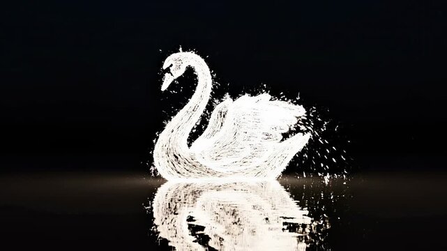 A swan made of water splashes on lake.