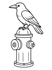 Obraz premium Raven atop Hydrant: A solitary raven perches on a fire hydrant, creating a compelling study in contrasts. Depicting a scene of urban wildlife.
